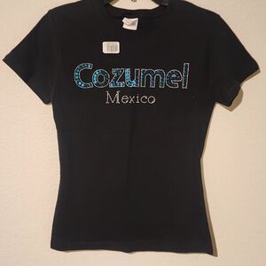 Cozumel Mexico Black Short Sleeve Shirt w/ Blue Rhinestone, Size: Medium